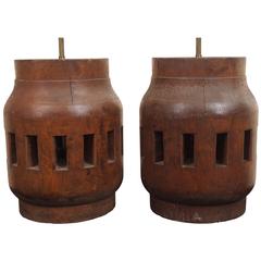 Pair of Heavy Industrial Wood Wheel Hub Lamps