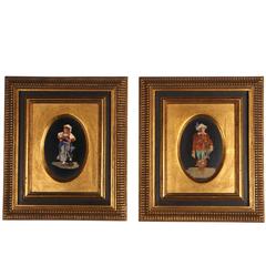 Pair of Saxon and Clemens Mosaic Inlaid Stone Couple in Gold Leaf Frames