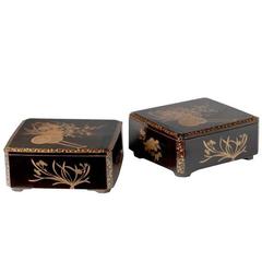 Antique Pair of Japanese Black and Gold Lacquered Boxes and Cover