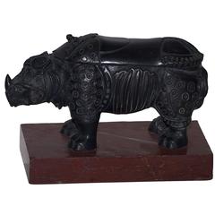 19th Century Bronze and Marble Rhinoceros Inkwell