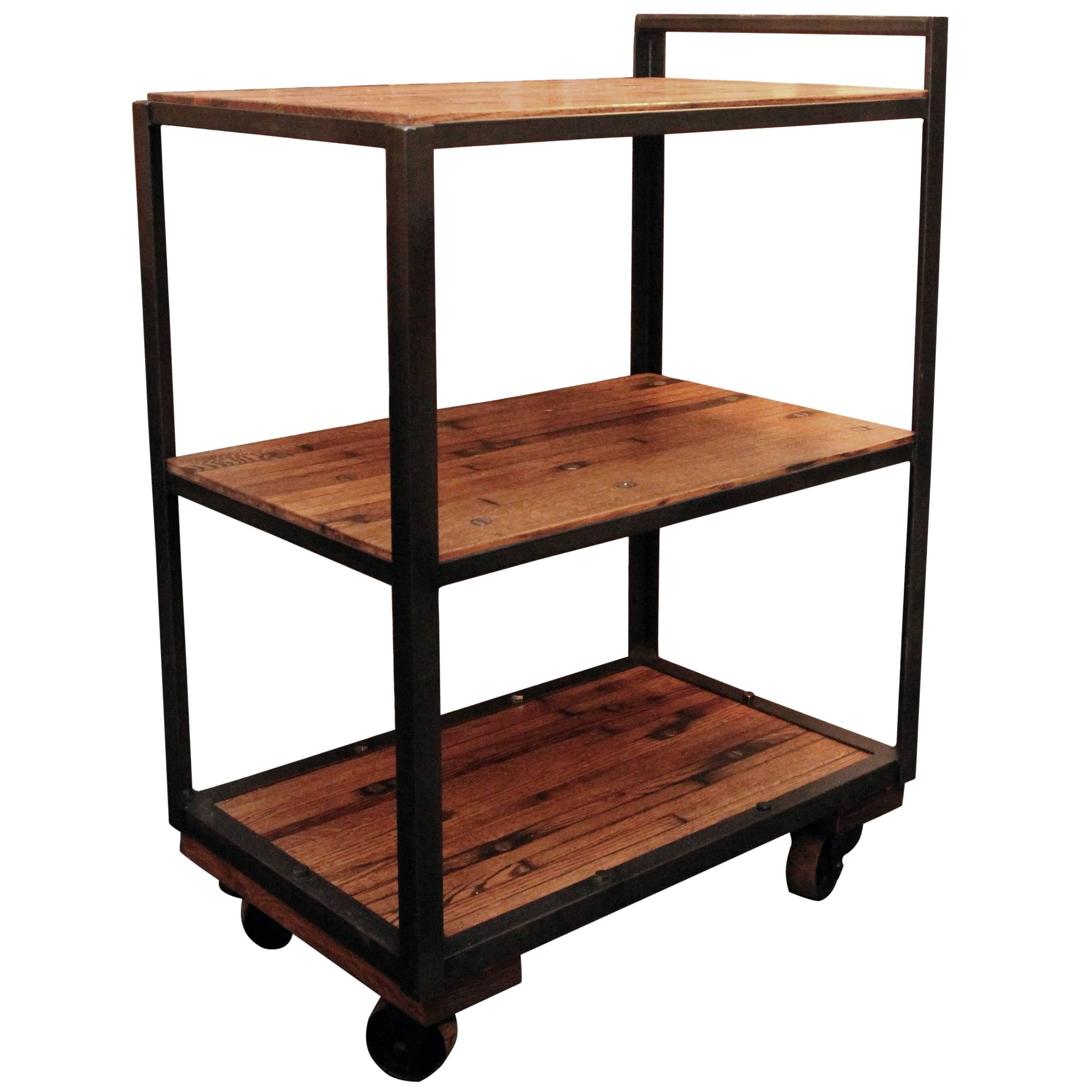 Industrial Bar or Tea Cart with Salvaged Wood Flooring Shelves and Casters
