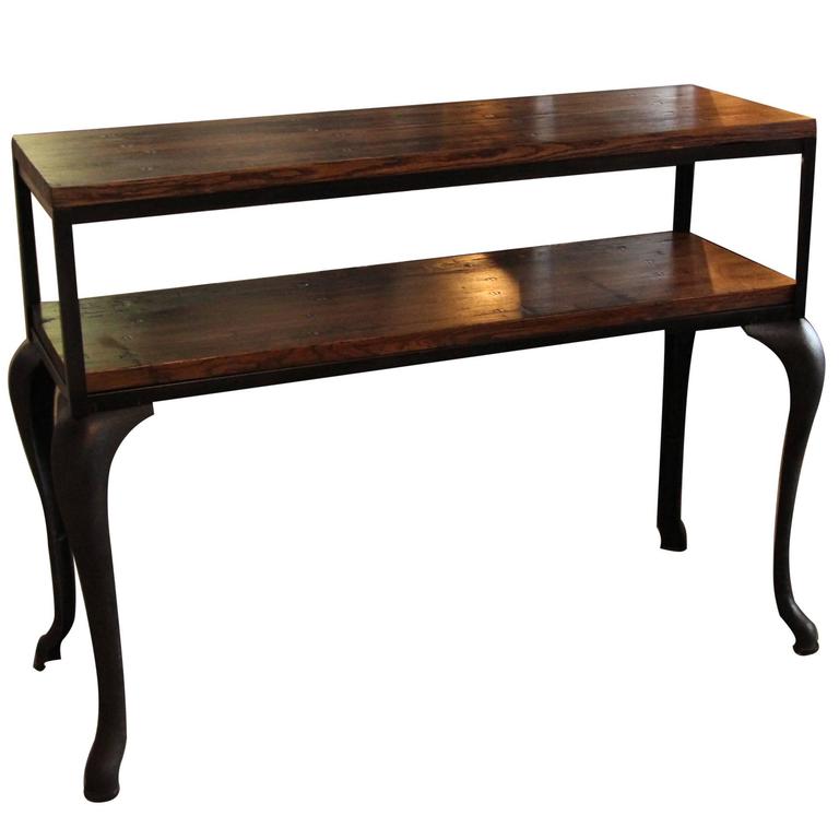 Industrial Flooring Top Console Table with Cast Iron Cabriole Legs and