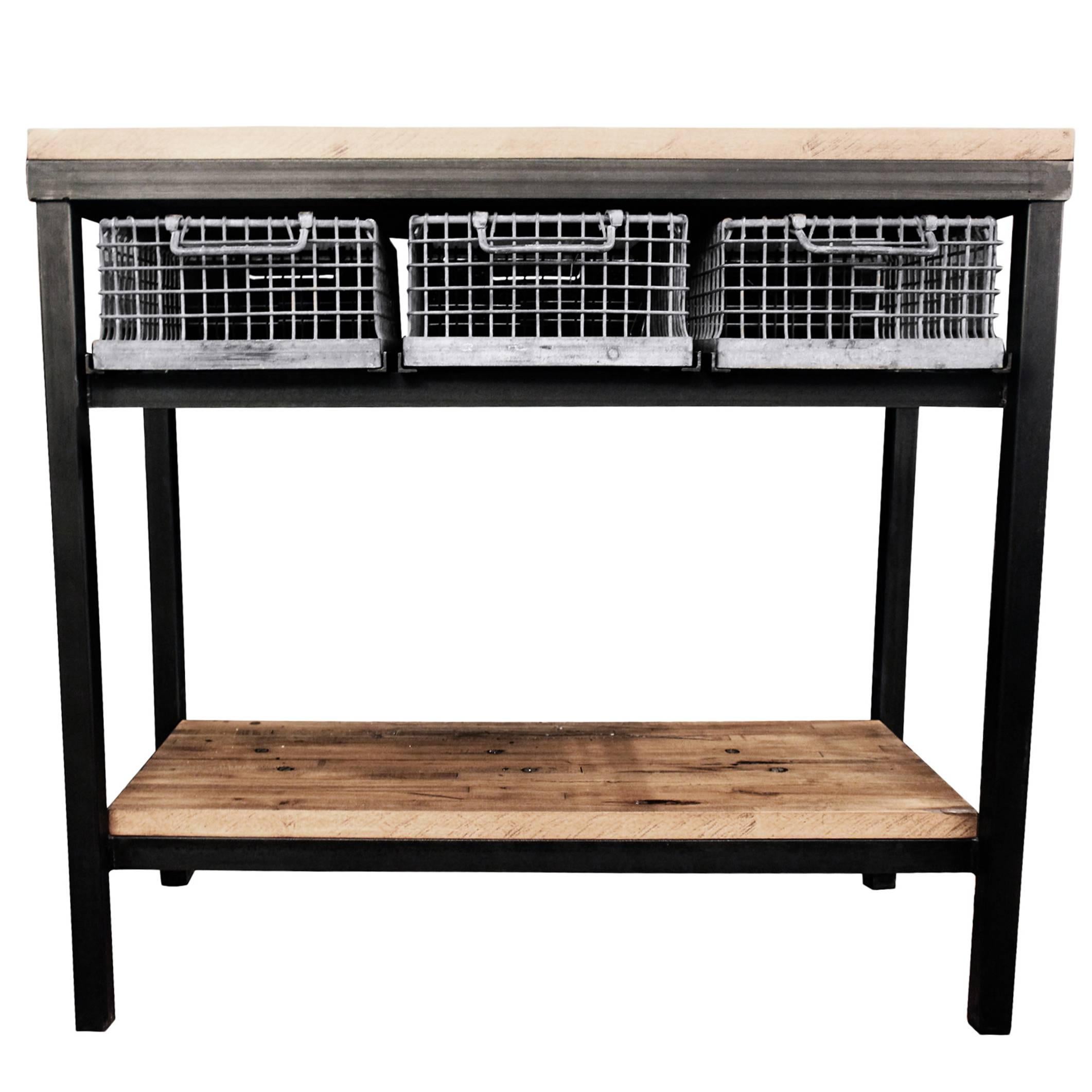 Industrial Console Table with Galvanized Baskets and Butcher Block Flooring Top