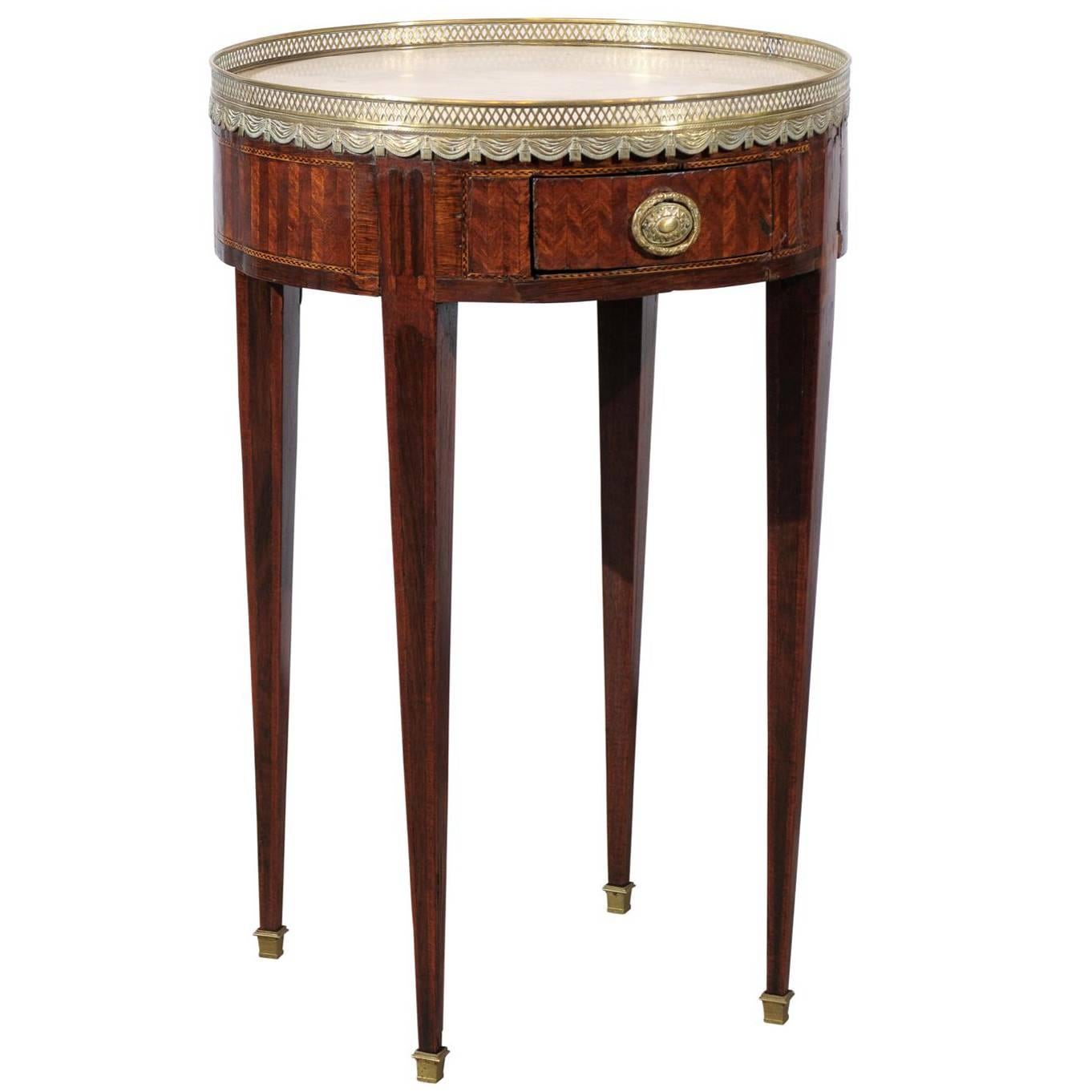 19th Century French Louis XVI Style Tulipwood Inlaid Marble Top Bouillotte Table