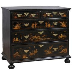 Antique 18th Century English Chinoiserie Lacquered Chest with Bun Feet and Five Drawers