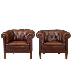 Pair of 1920s Leather Club Button Back Armchairs