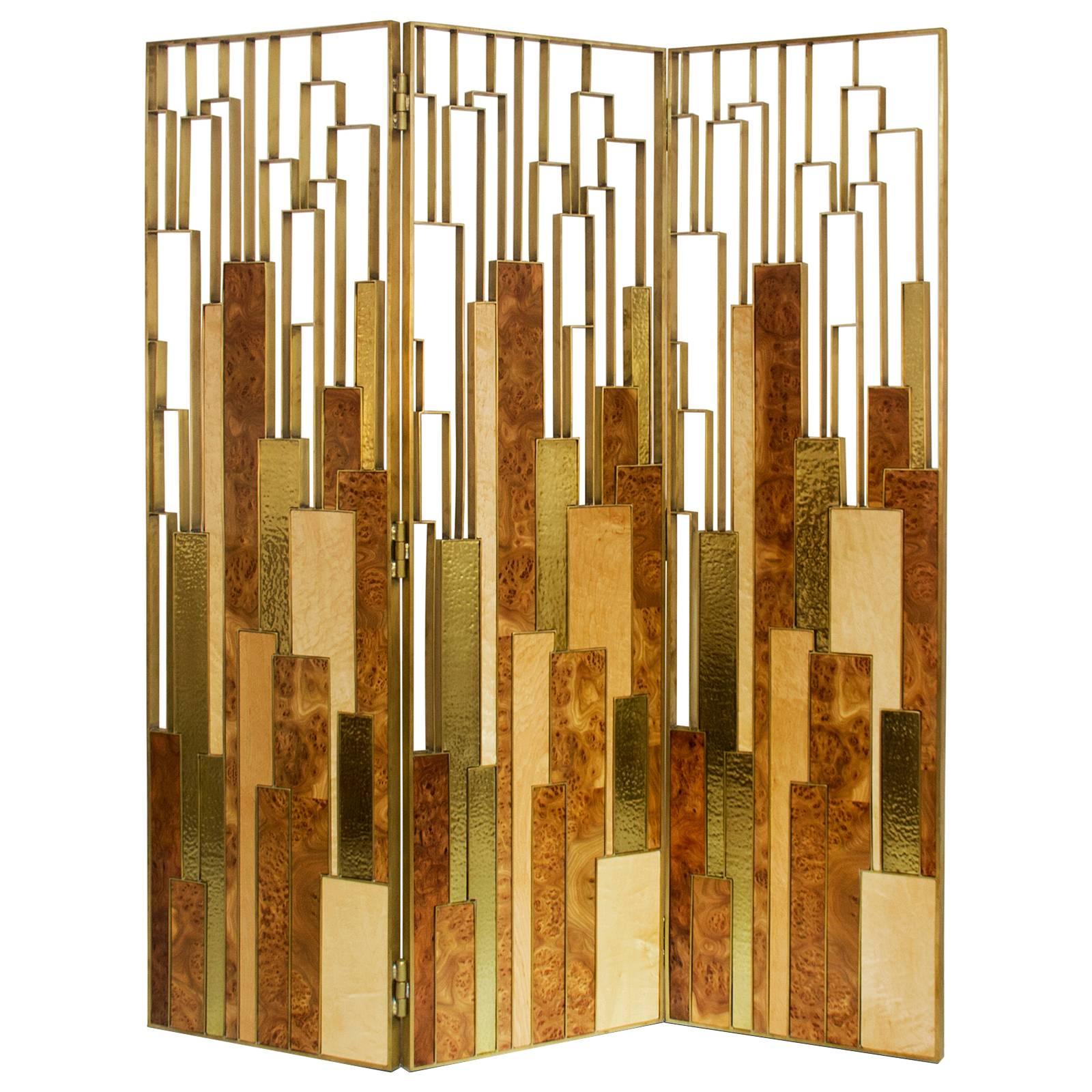 Gold Elm Root Screen with Brass and Wood Veneer For Sale