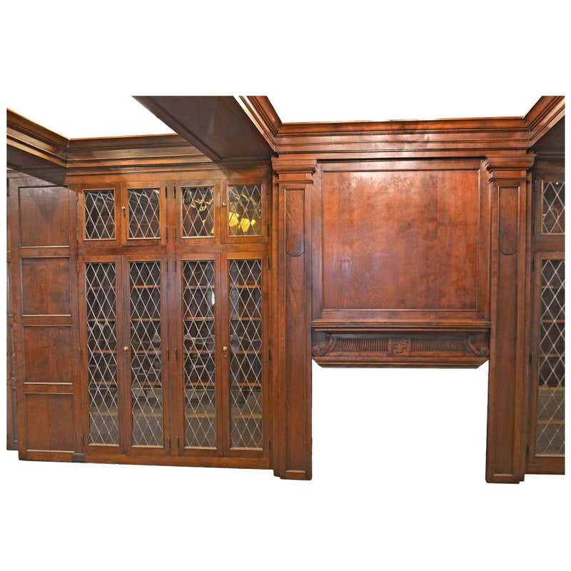 Complete Walnut Library with Diamond Pane Leaded Glass Doors, circa ...