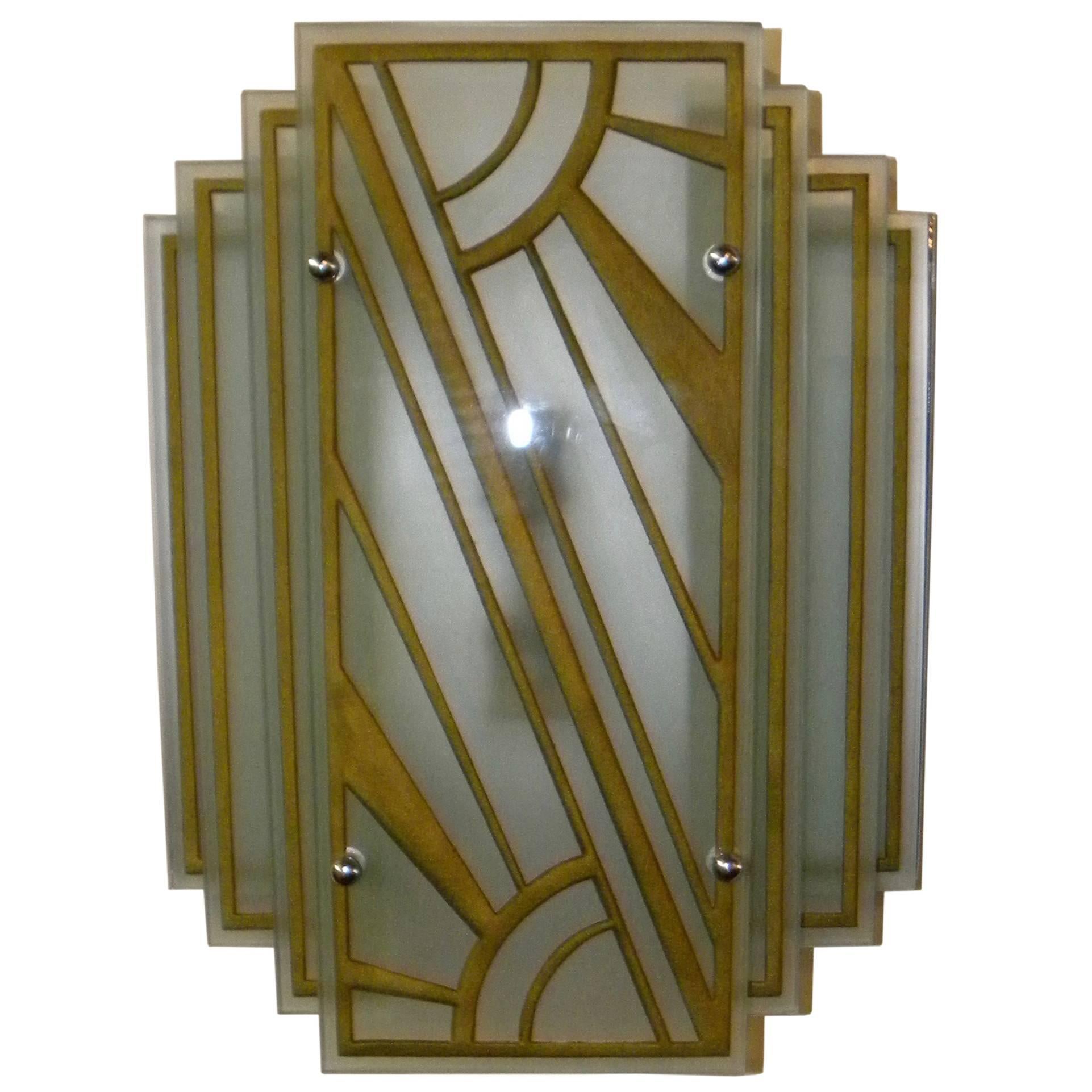 Custom Etched Glass Gold Stepped Modernist Art Deco Light
