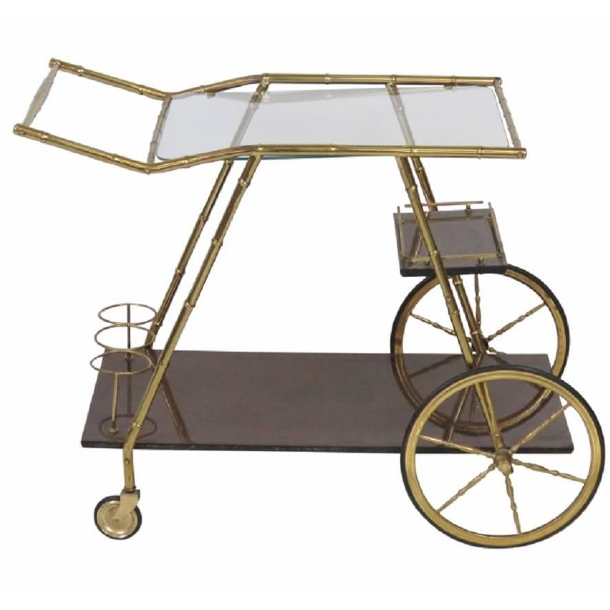 Italian Modern Brass Faux Bamboo Bar Cart