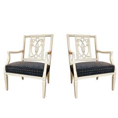 Pair of Gray Lacquered Armchairs with Blue Velvet Detail Upholstery 8