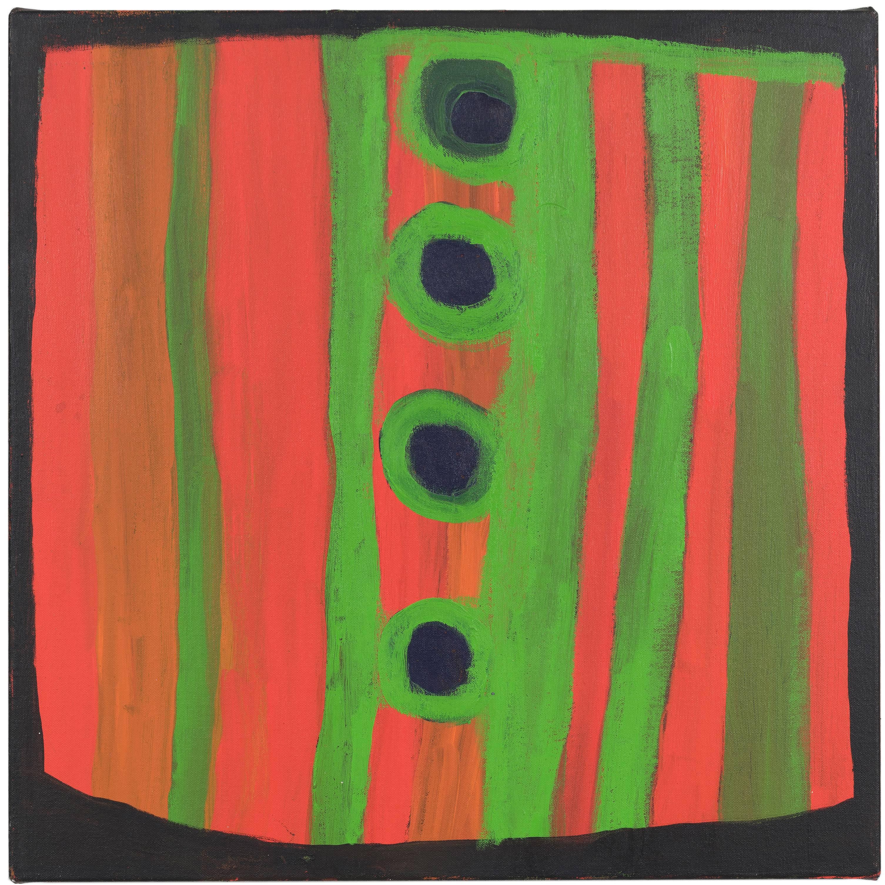 Orange, Black and Green Australian Aboriginal Square Painting by Dolly Snell For Sale