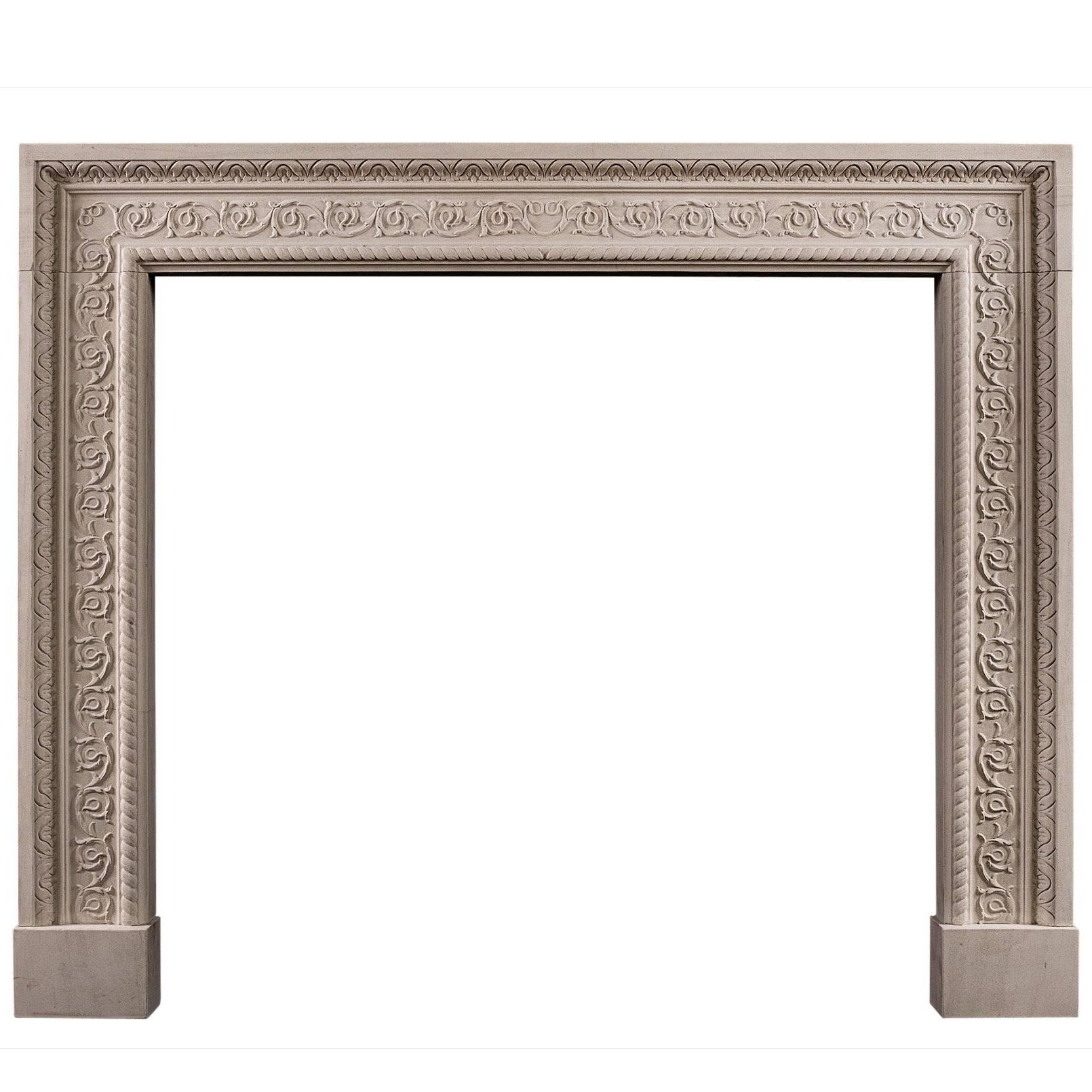 Carved English Stone Fireplace with Scrolled Detailing