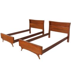 Pair of Walnut Twin Beds Headboards on Sculpted Legs