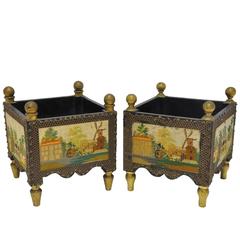 Pair of Early 20th Century French Painted Jardinieres with Needlepoint Scenes