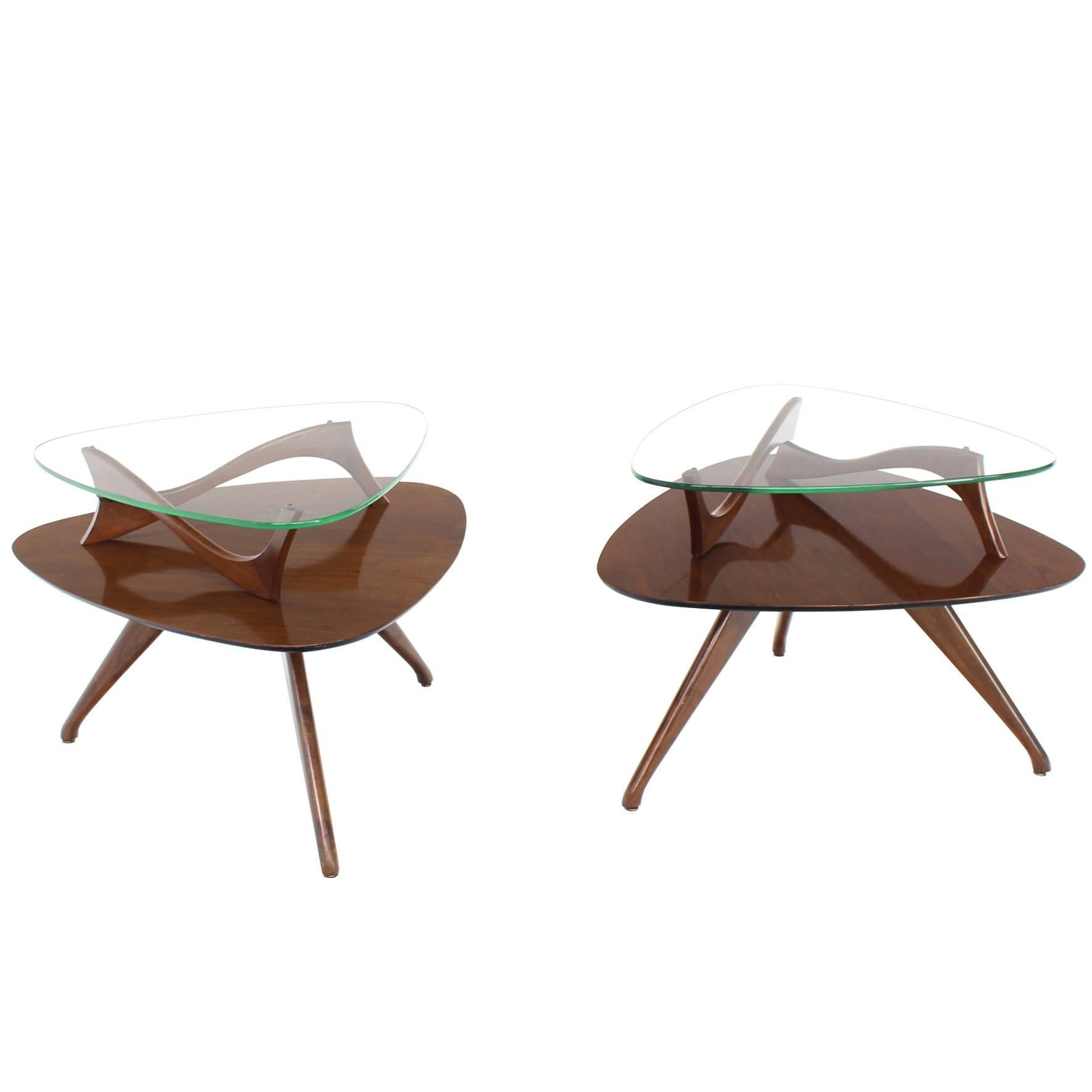 Pair of Round Triangular Tri Legged Two Tier Side End Tables