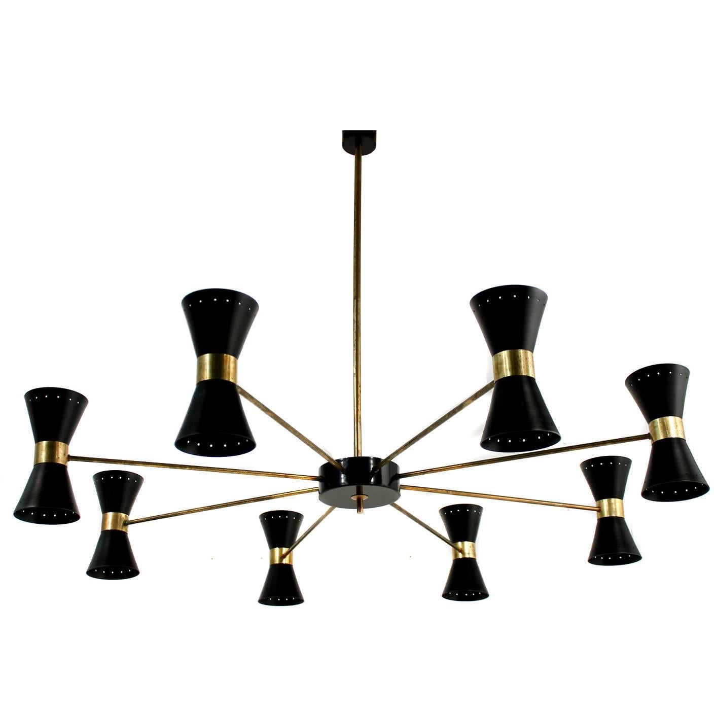 Large Eight-Arm Italian Modernist Brass Diabolo Chandelier Stilnovo Style, Italy