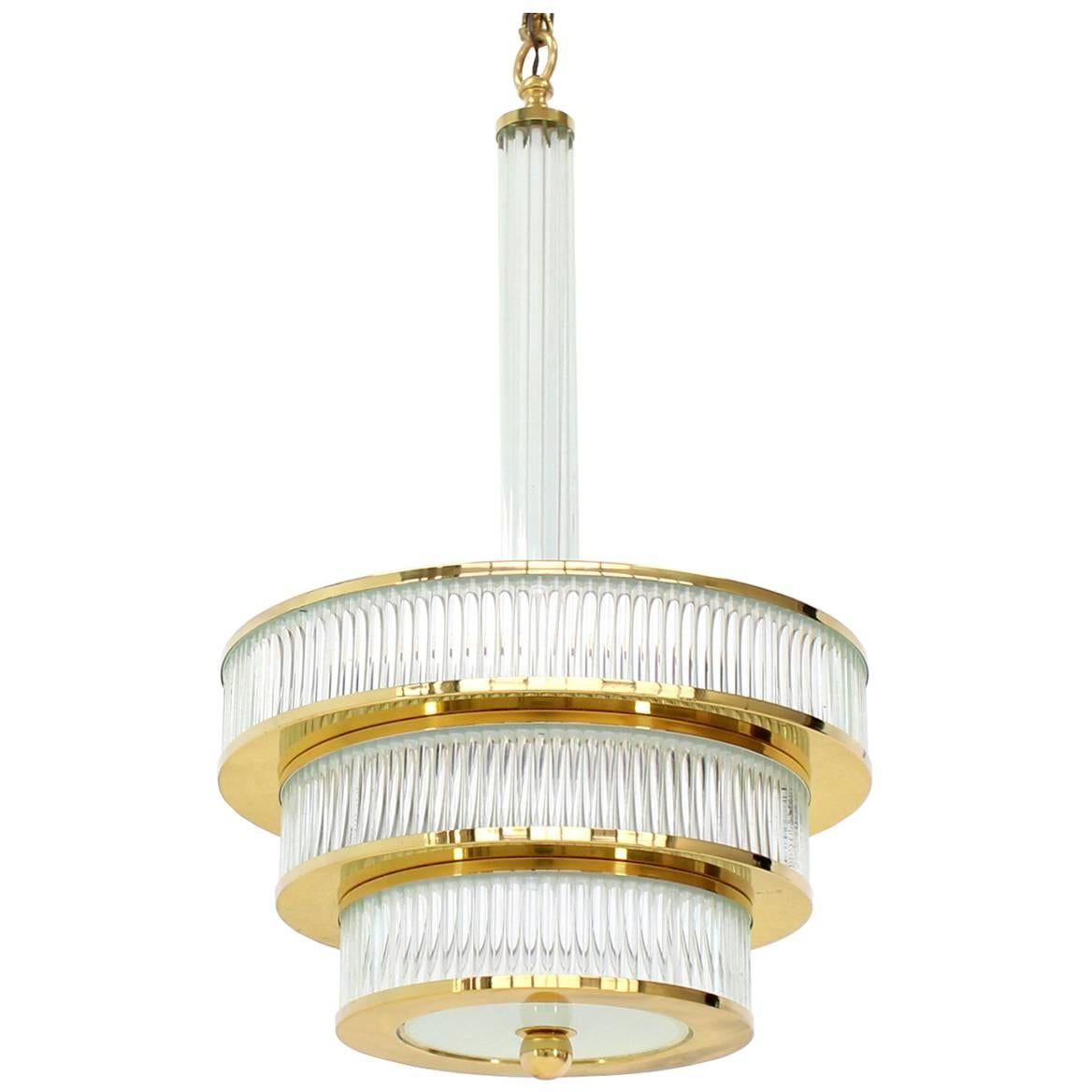 Mid-Century Modern Glass and Brass Three-Tier Light Fixture For Sale