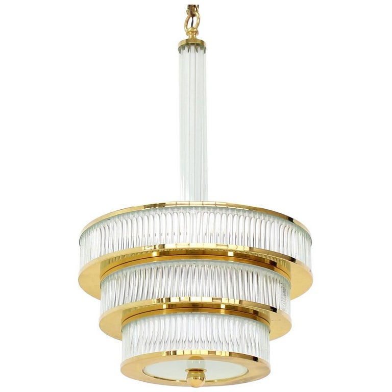 MidCentury Modern Glass and Brass ThreeTier Light Fixture For Sale at