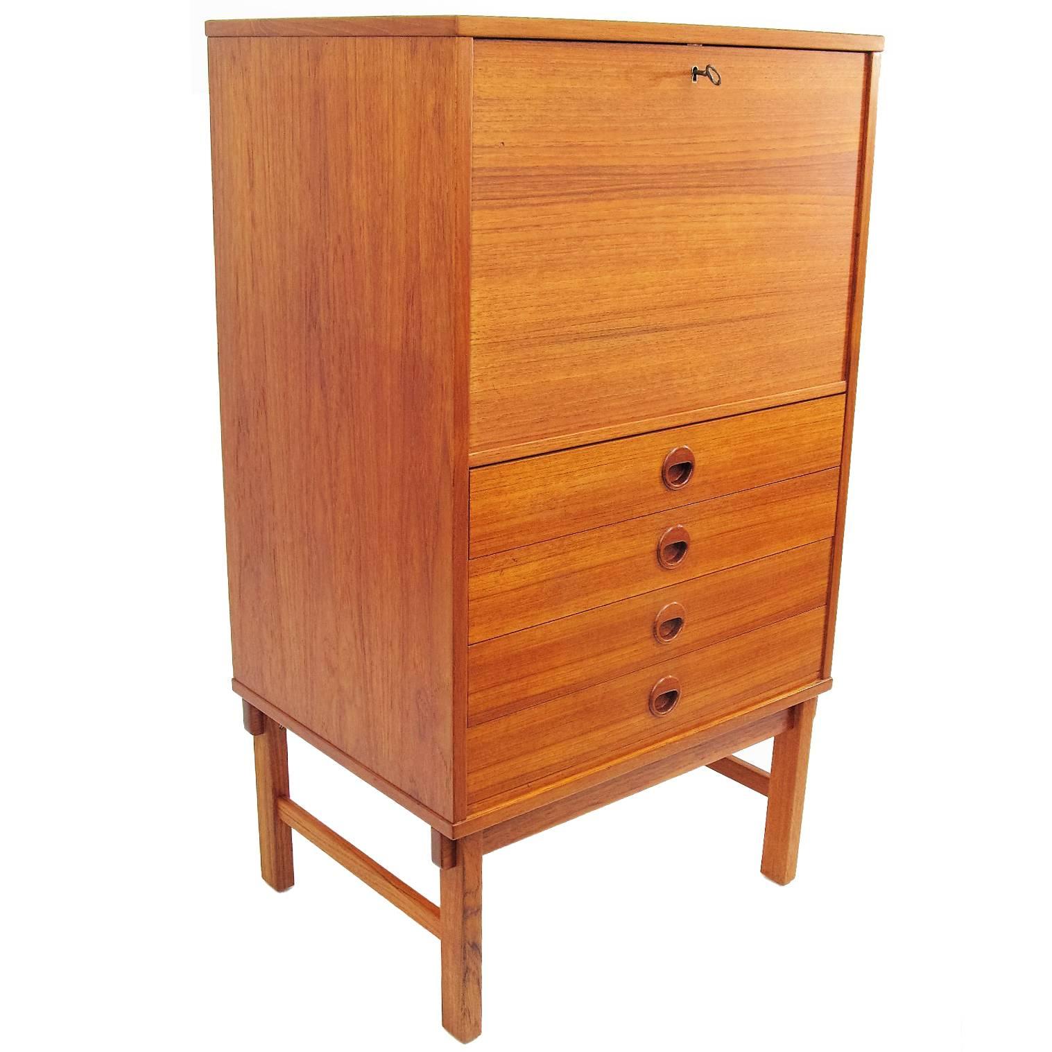 Swedish Made DUX Drop Front Teak Bar Cabinet For Sale