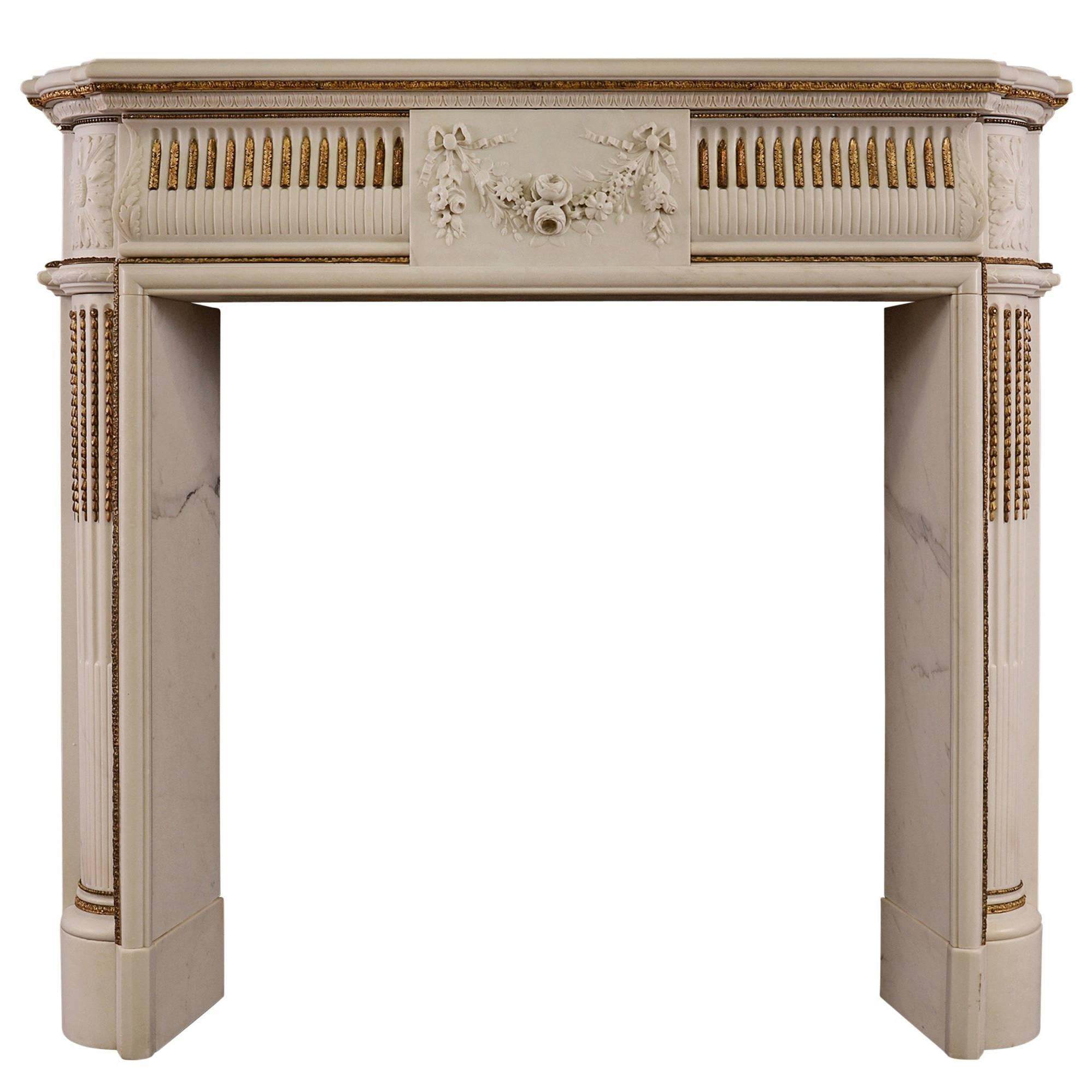 English Regency Statuary Marble Fireplace with Inlaid Brass Ormolu