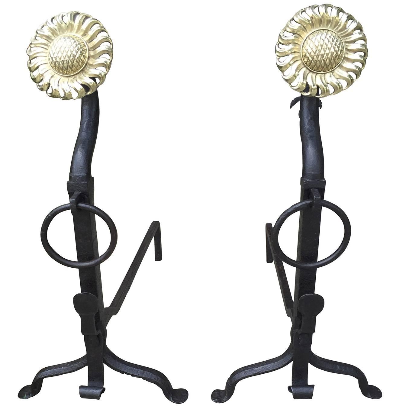 Large Turn of the Century Iron and Brass Sunflower Andirons