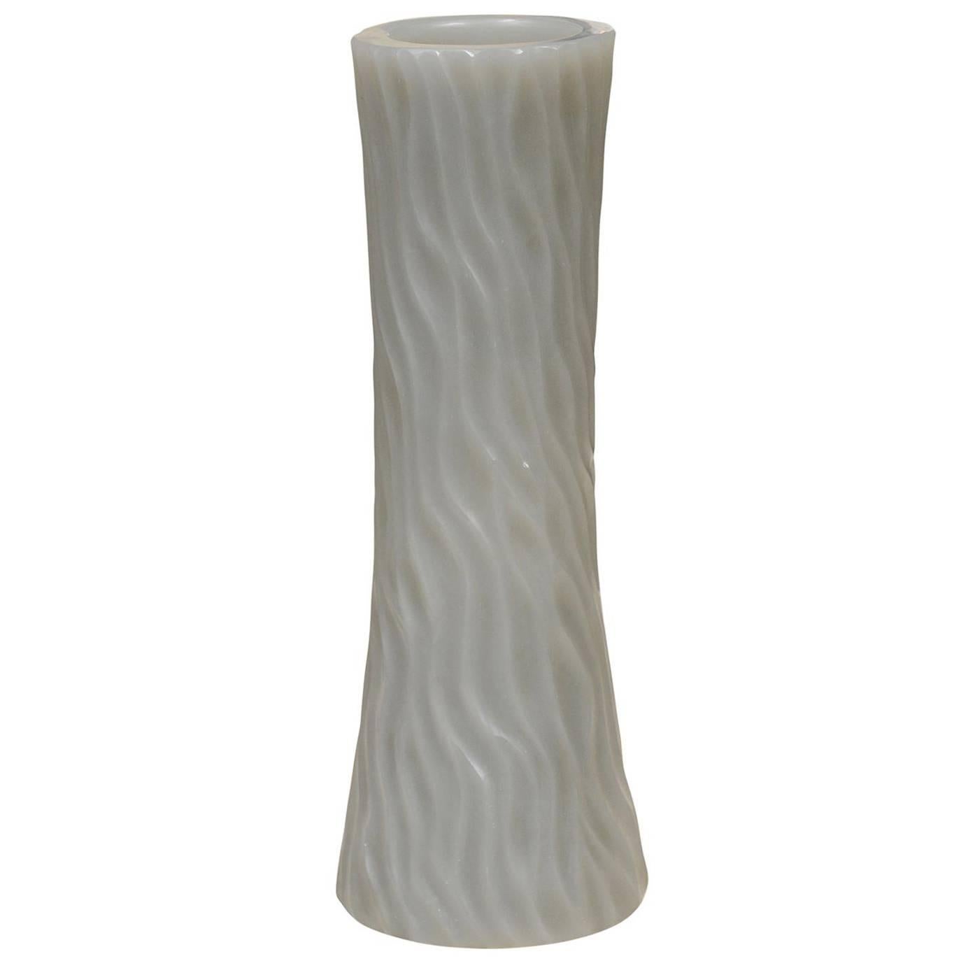 Robert Kuo Grey Cylindrical Carved Wave Design Vase For Sale