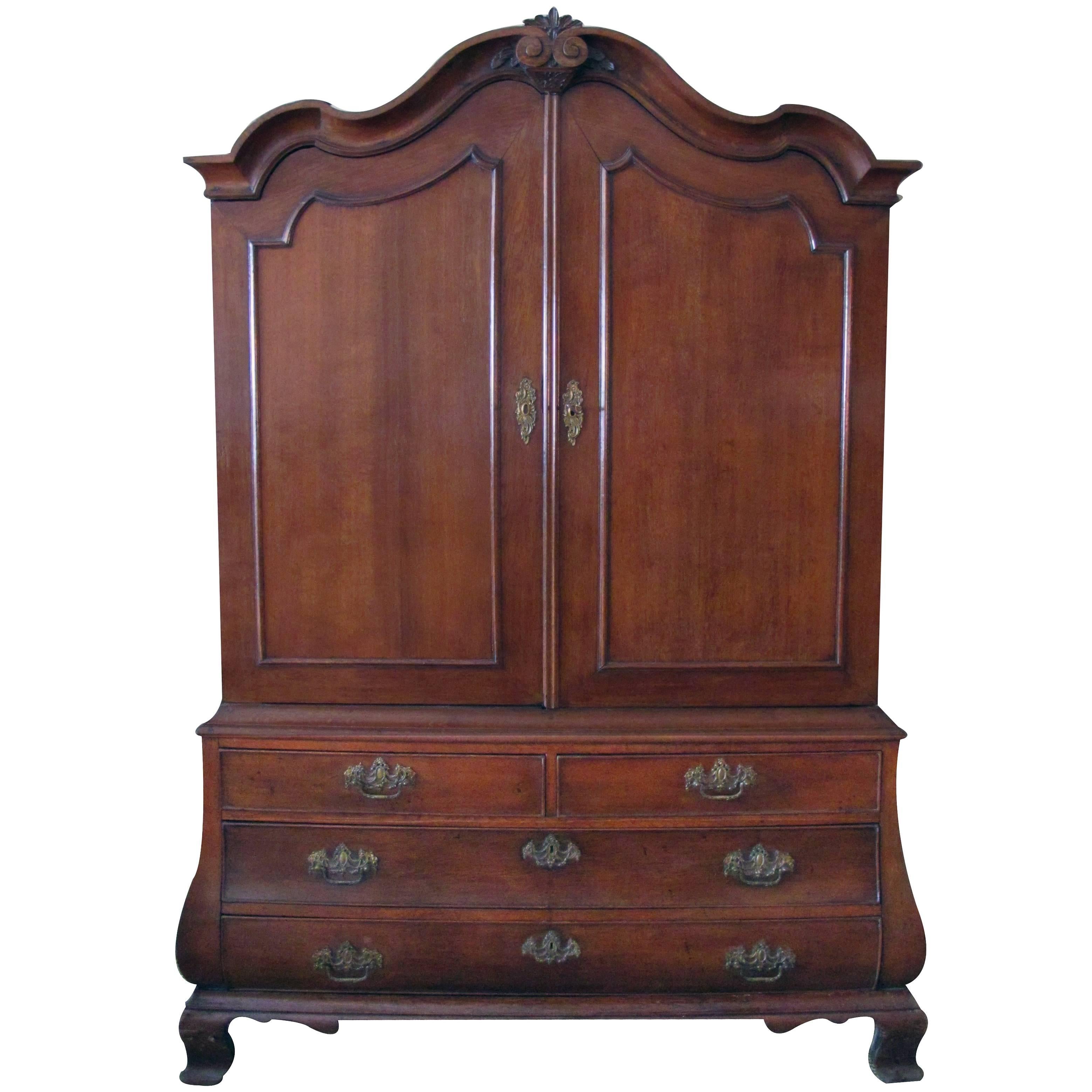 Handsome & Warmly Patinated Dutch Rococo Bombe-Form Carved Oak Two-Door Cabinet