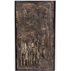 Handsome Brutalist Mid-Century Cast Relief of Ceremonial Scene in Bronze Finish 7