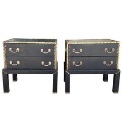 Pair of Leather Mid-Century Chests with Brass Studs on Stand