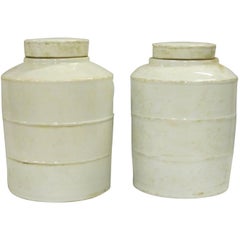 Pair of White Ribbed Round Jars with Lids, China, Contemporary