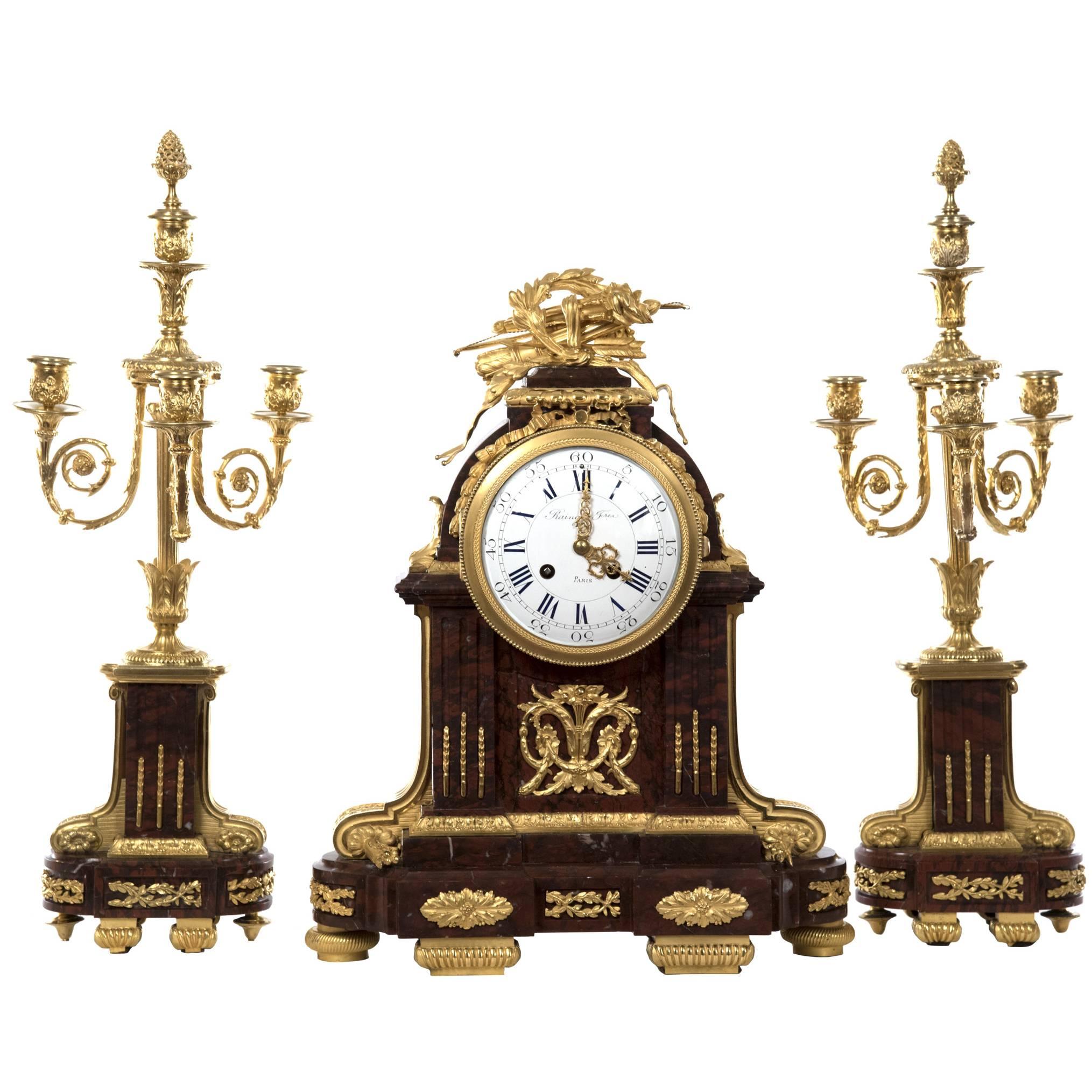 Red Griotte Marble and Ormolu Three-Piece Clock Garniture by Raingo FrèRes