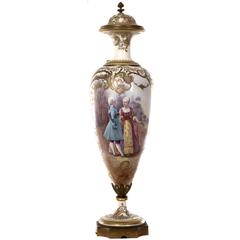 French Porcelain and Gilt Bronze Baluster Urn with Lid