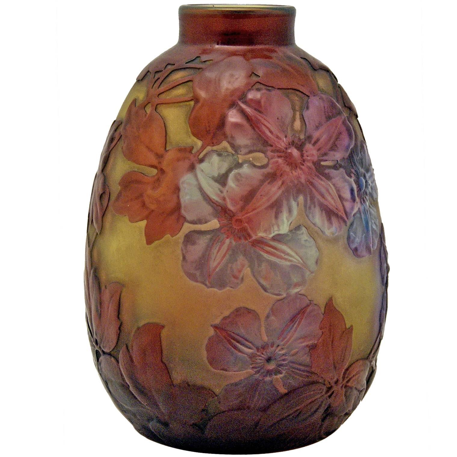 Emile Galle Finest Bellied Vase Gallé Nancy Art Nouveau Clematis Flowers c.1920