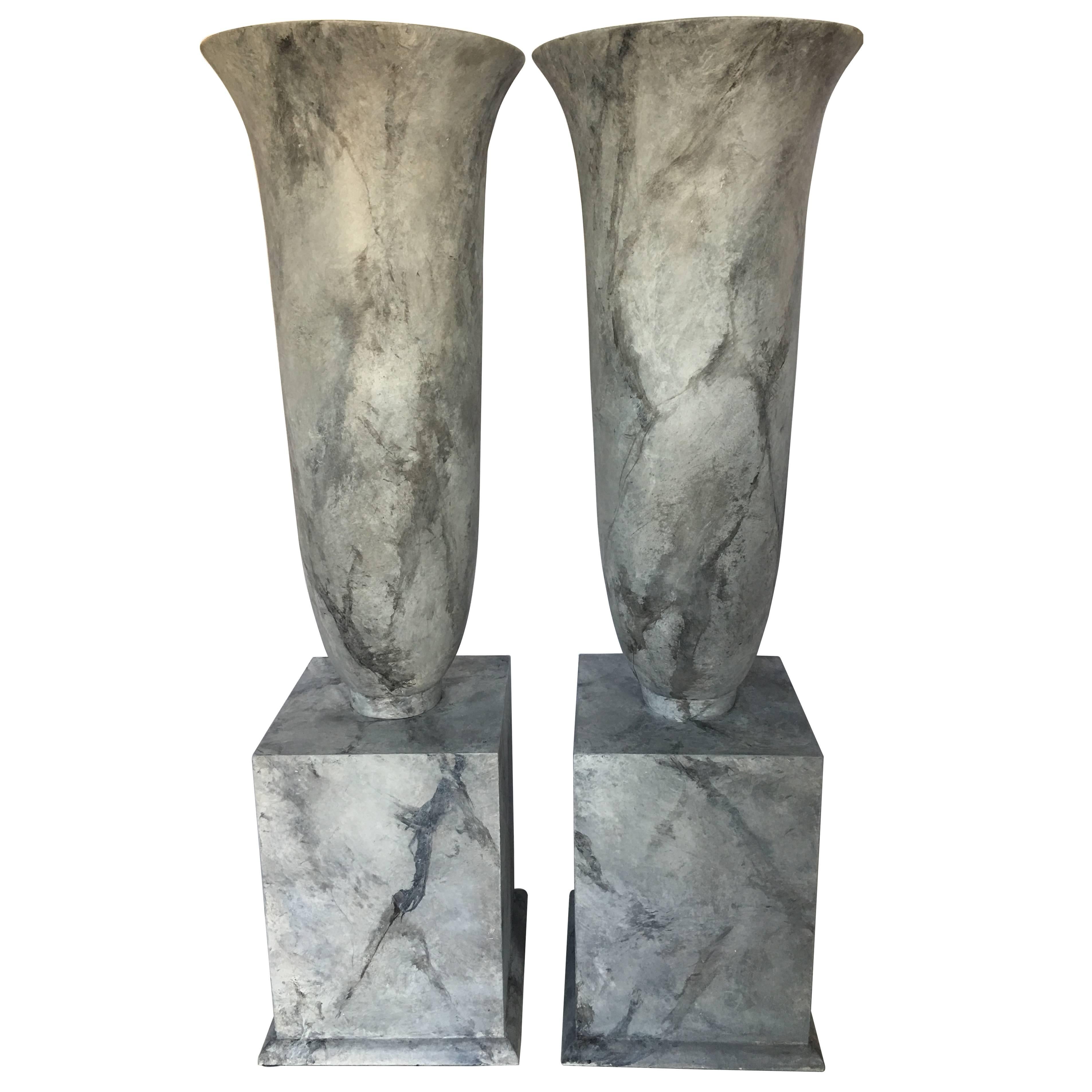Grand Faux Marble Urn Vessels, Pair