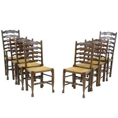 Set of eight Antique Ladder Back Chairs, Rush Seats, Six + Two Armchairs