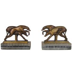 Vintage Art Deco Greyhound Dog Bookends on Black and White Marble Bases, 1920s
