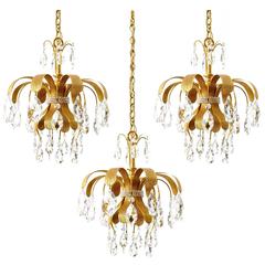 Three Palwa Pendant Lights, Gilt Brass Crystal Glass, 1960s