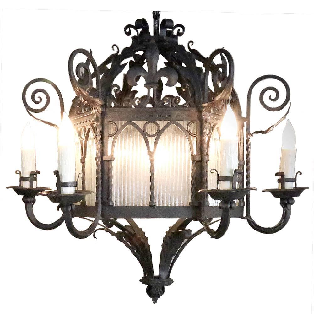 Antique Country French Wrought Iron Lantern Chandelier