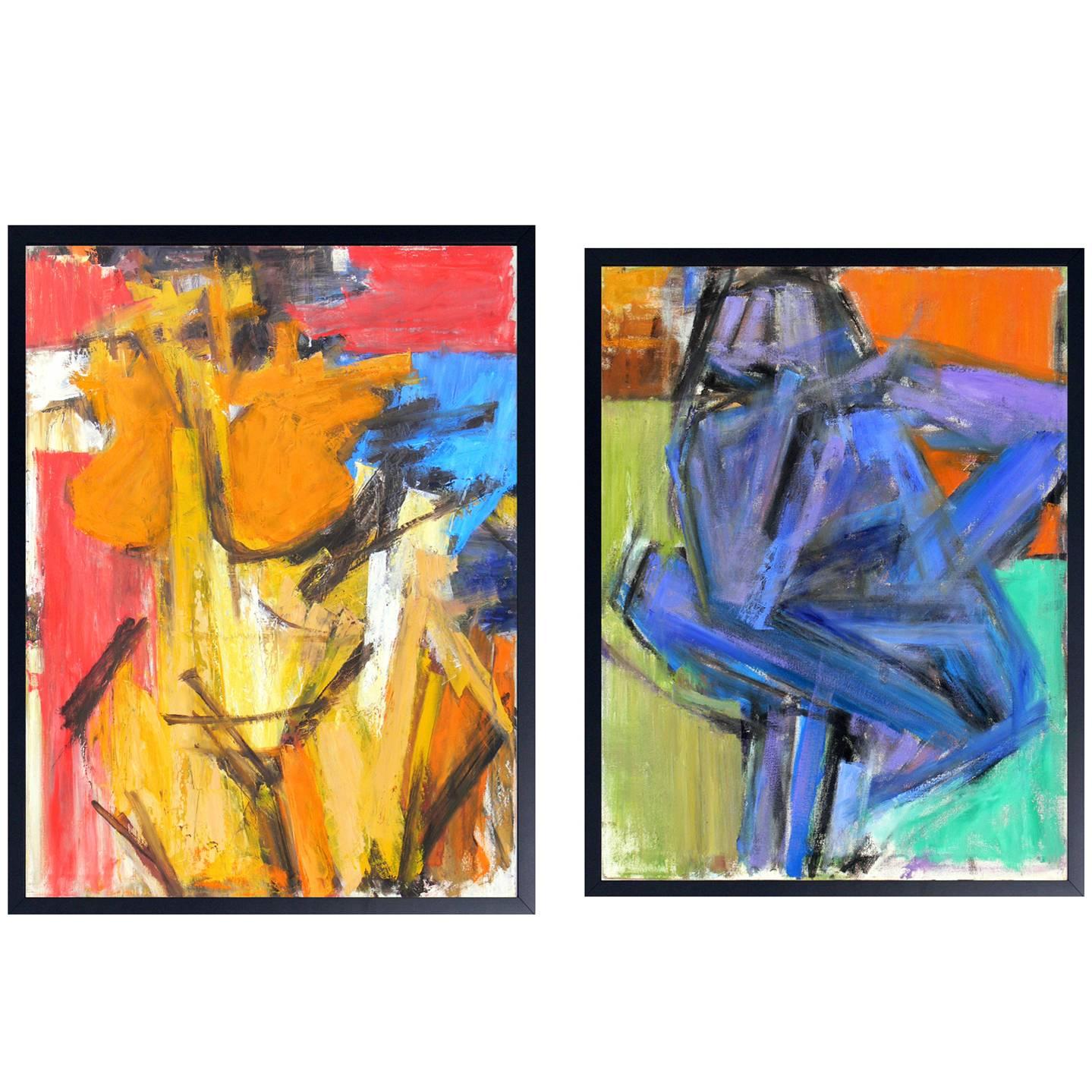 Pair of Vibrant Abstract Figural Paintings