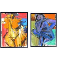 Pair of Vibrant Abstract Figural Paintings