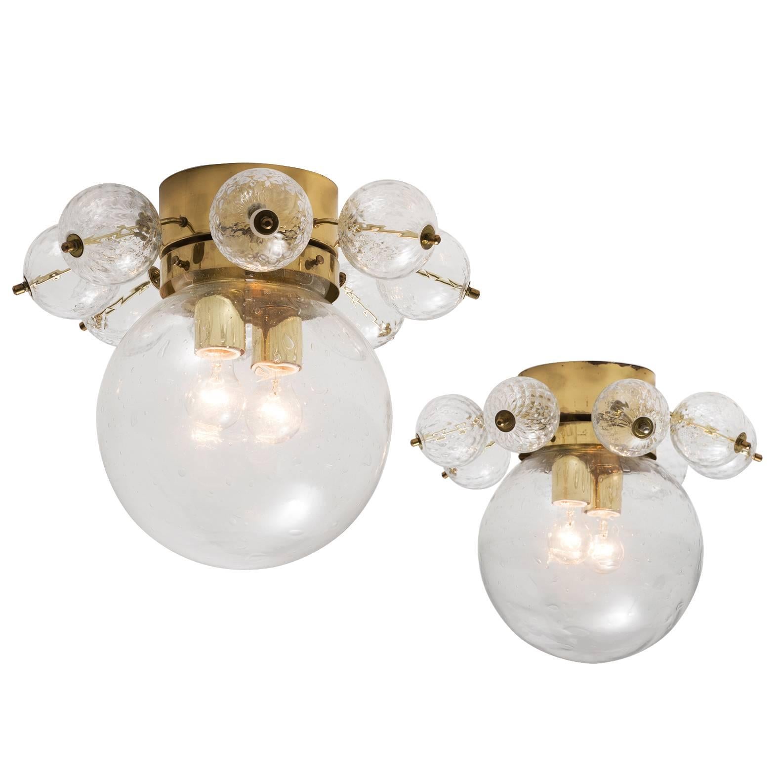 Set of Two Ceiling Lights in Brass and Structured Clear Glass