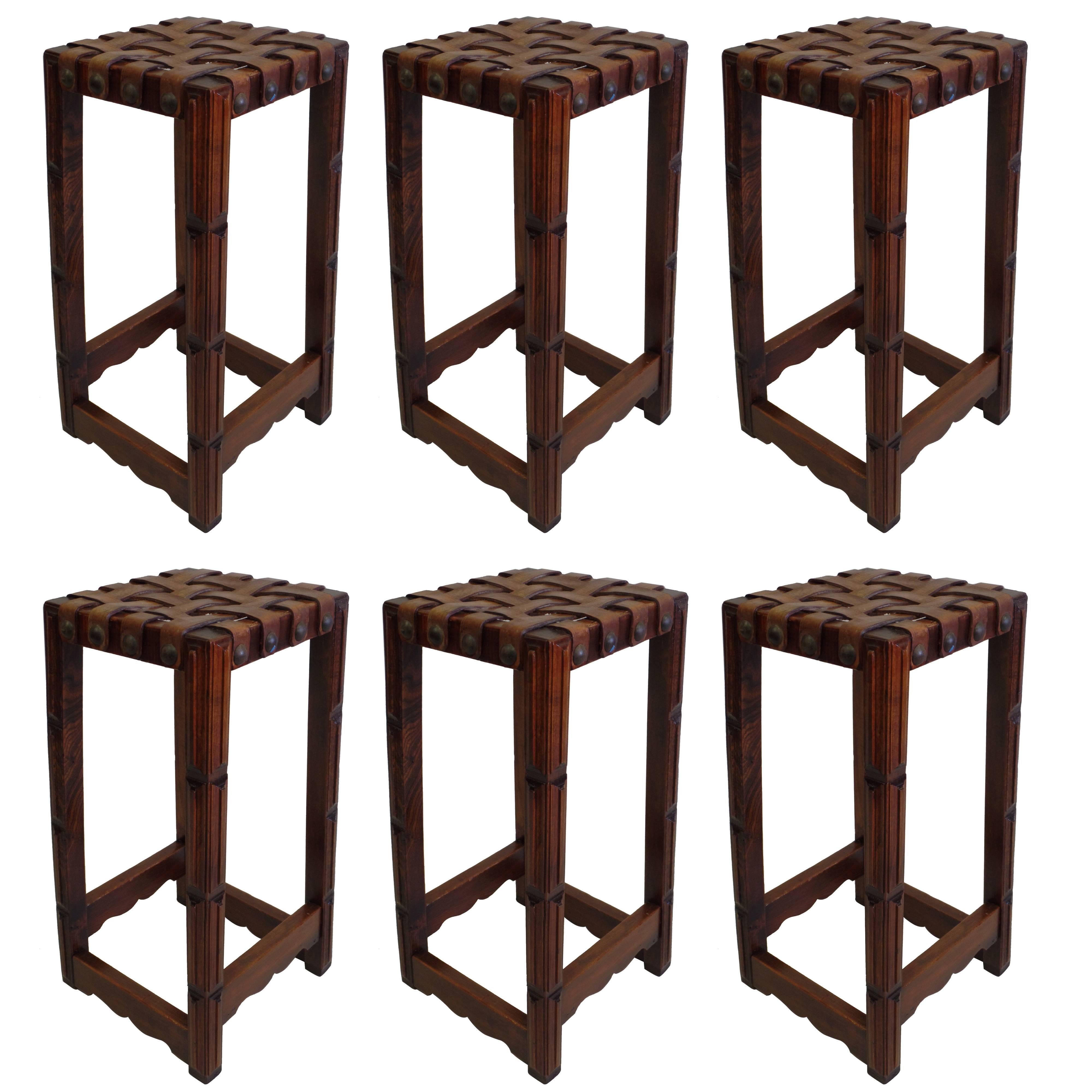 Six French Mid-Century Modern Craftsman Wood and Leather Strap Bar Stools, 1940 For Sale
