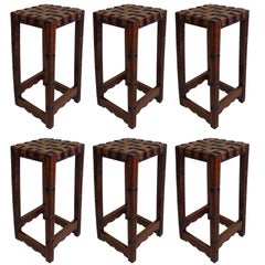 Vintage Six French Mid-Century Modern Craftsman Wood and Leather Strap Bar Stools, 1940
