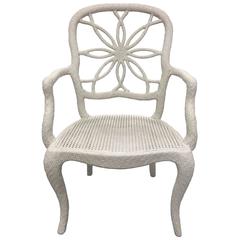 Custom White Sunburst Rattan Armchair