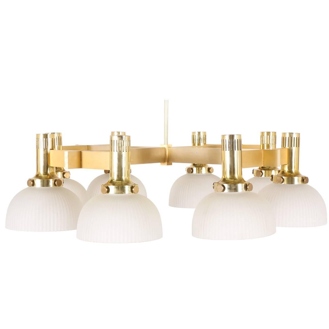 Large Eight-Arm Brass Chandelier with Frosted Shades by Lightolier