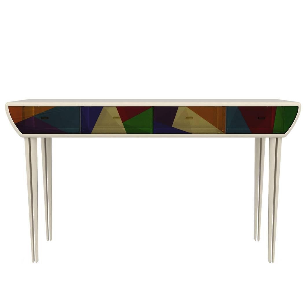 European Modern Lacquered Wood, Stained Glass, Acrylic Four-Drawer Vitra Console For Sale