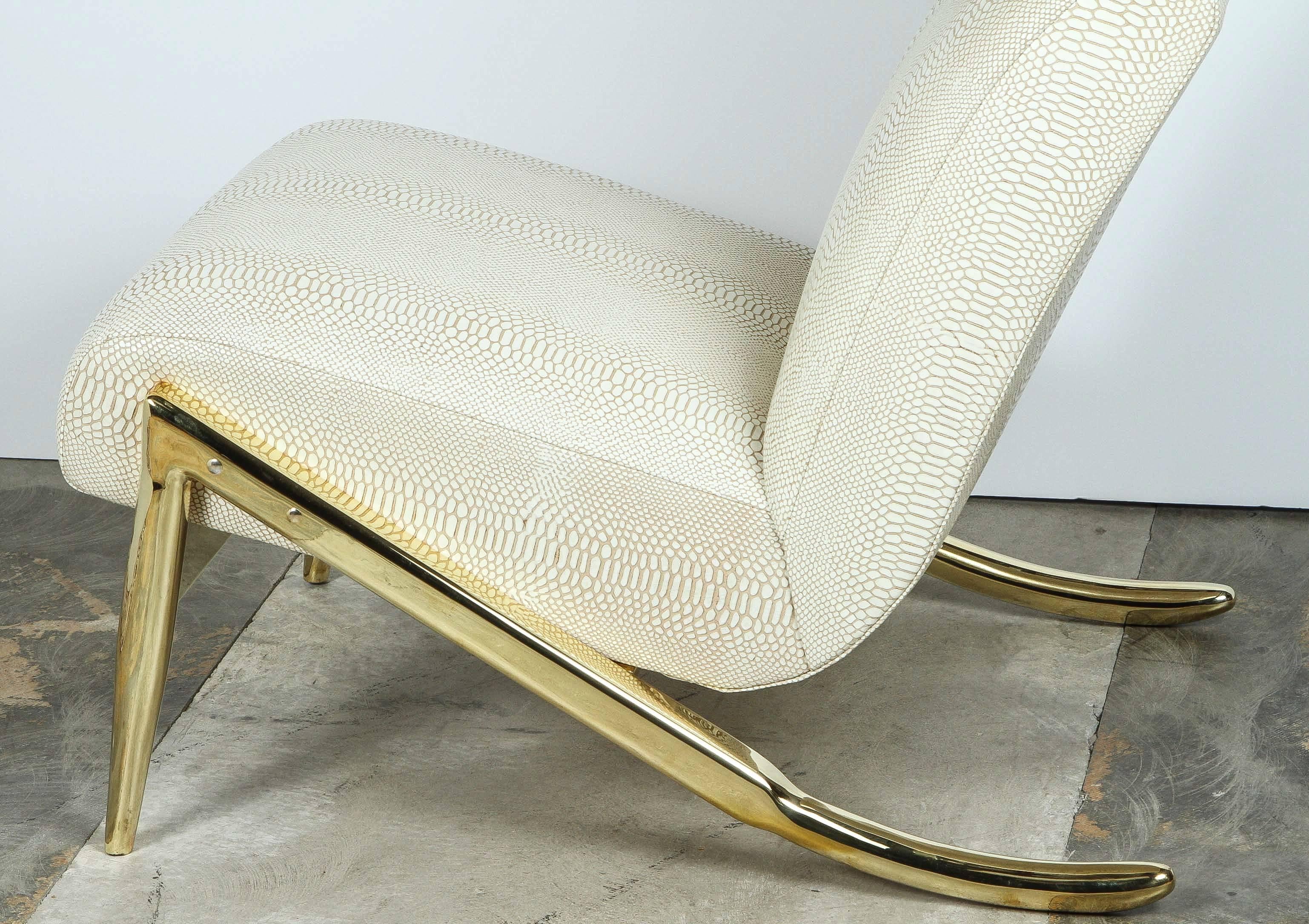 Paul Marra Slipper Chair in Brass with Faux Python In Excellent Condition For Sale In Los Angeles, CA
