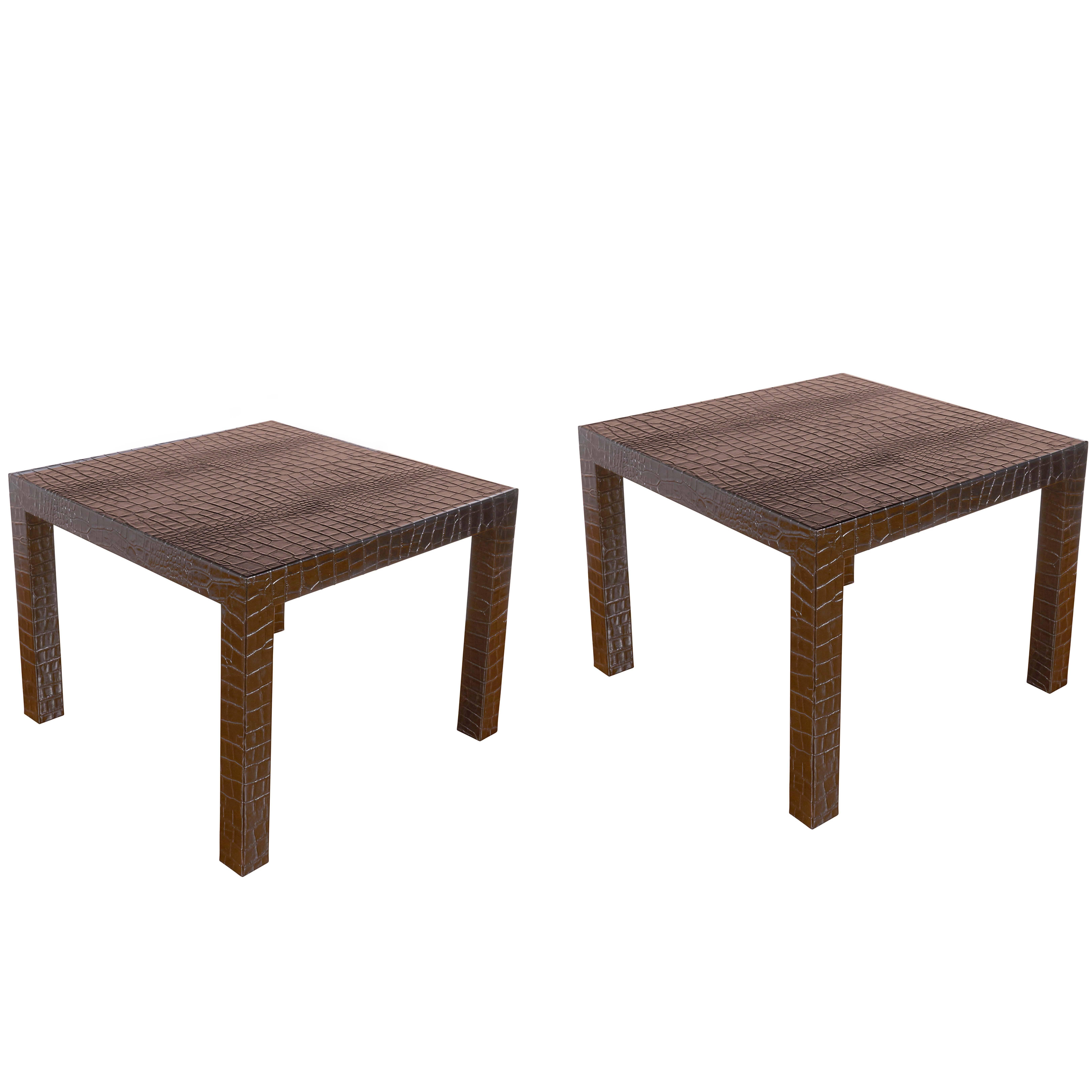 Pair of Karl Springer Style Tables in Alligator Embossed Leather