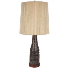 1960s Incised Pottery Lamp with String Shade